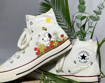 Embroidery Peanuts Dog Converse, Embroidered Converse Flower Shoes, Handmade Embroidery Flowers Shoes, Vintage Retro Christmas Gift