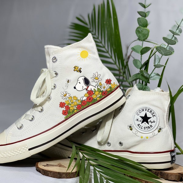 Embroidery Peanuts Dog Converse, Embroidered Converse Flower Shoes, Handmade Embroidery Flowers Shoes, Vintage Retro Christmas Gift