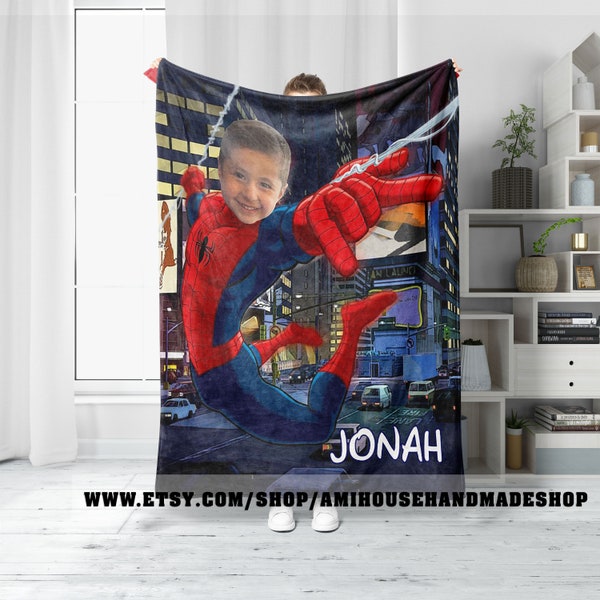 Custom Face Spider-Man Blanket, Personalized Spider-Man Blanket, Custom Marvel Bedding Throw Blanket, Custom Photo Blanket For Adult Kids