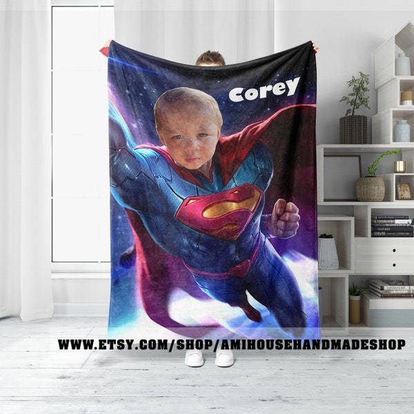 Personalized Superhero Blanket, Custom Face Custom Name Superhero Fleece Blanket, Personalized Adult Kids Bedding Throw, Best Birthday Gifts