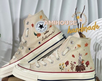 Embroidery Converse/ Rabbit and Mushroom Embroidered Sneakers/ Autumn Inspired Converse High Top Shoes/ Gift for her/ Converse Chuck Taylor