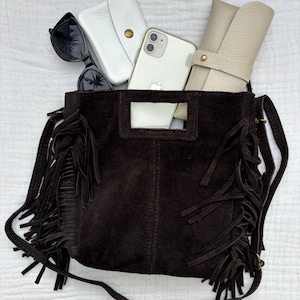 Borsa da donna in pelle scamosciata marrone con frange - borsa a tracolla boho chic - borsa da festival in pelle vintage - borsa a tracolla con frange
