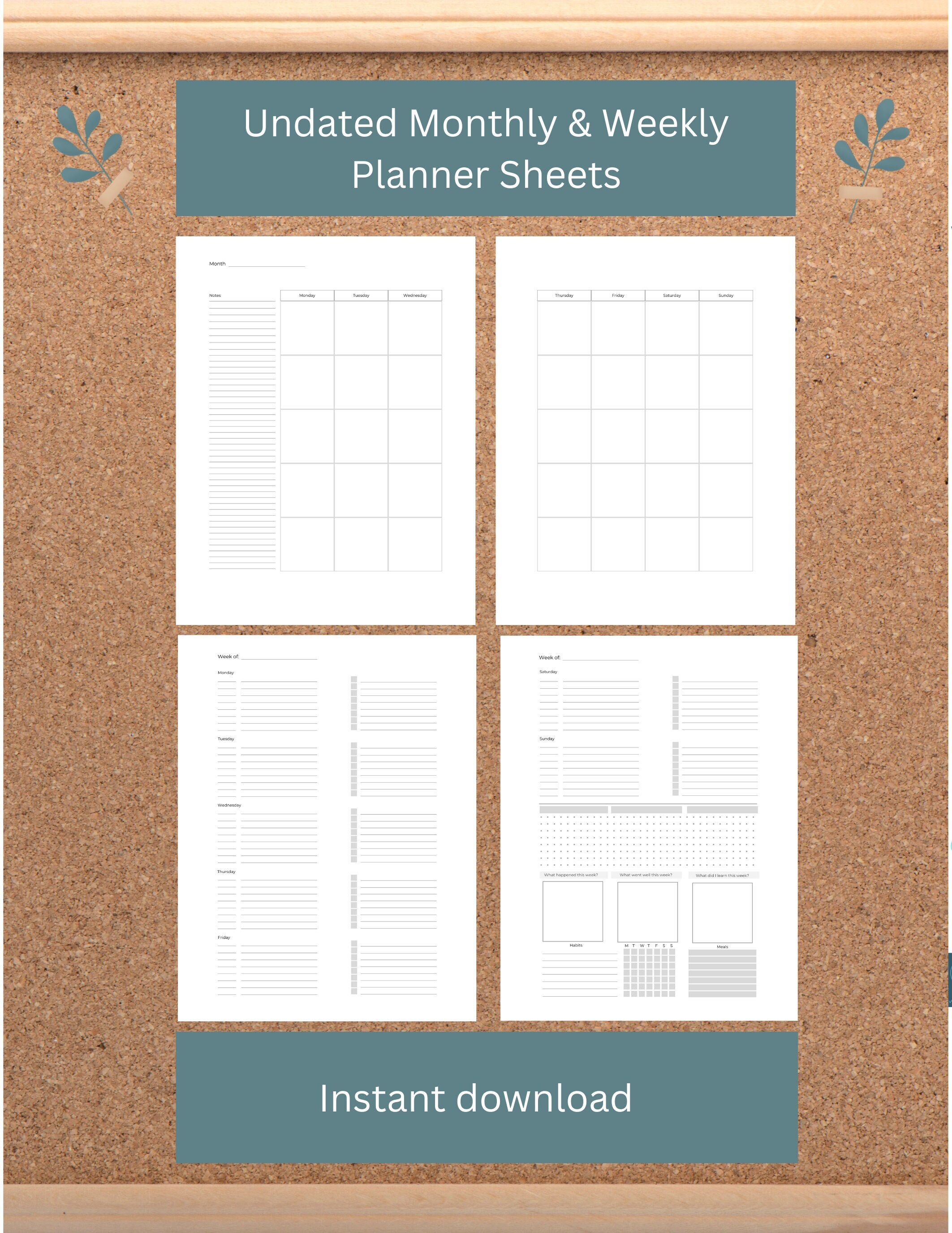 Undated Monthly & Weekly View Printable Planner Sheets - Etsy
