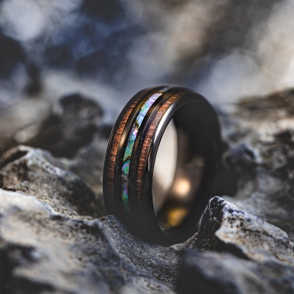 Black Tungsten Carbide Ring, KOA Ring, Wooden Ring for Men, Wood Wedding Band, Wood Engagement Ring, Birthday Gift, Whiskey Barrel Wood Ring