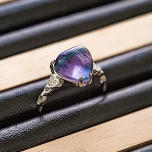 Natural Raw Fluorite Ring, Personalized Raw Gem Jewelry, Blue John Jewelry, Silver Ring, Adjustable Ring, Purple Fluorite, Green Fluorite
