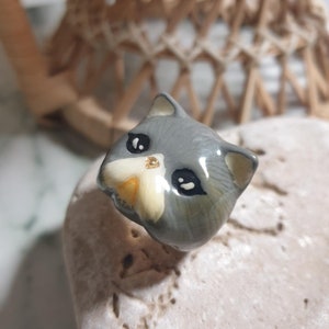 Cat gray ring painted in enamel plated gold and gold gift woman Christmas