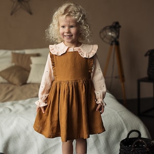Vestito scamiciato in lino per bambina, vestito scamiciato con volant per bambina