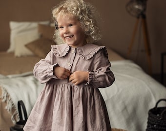 Langarm Leinen Mädchen Kleid, Kleinkind Kleid mit Kragen, Leinen Boho Kleid, Blumenmädchen Kleid, erster Geburtstag Kleid, Baby Kleid