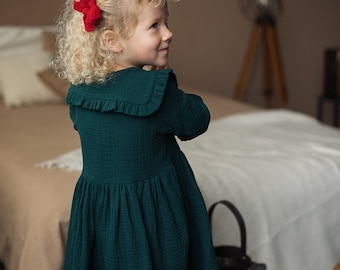 Long sleeve green muslin toddler dress with frilled ruffled collar,  cotton double gauze dress for girl
