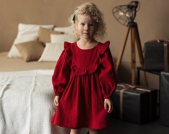 Red puffed long sleeves girl dress with ruffles, cotton muslin toddler Christmas party dress