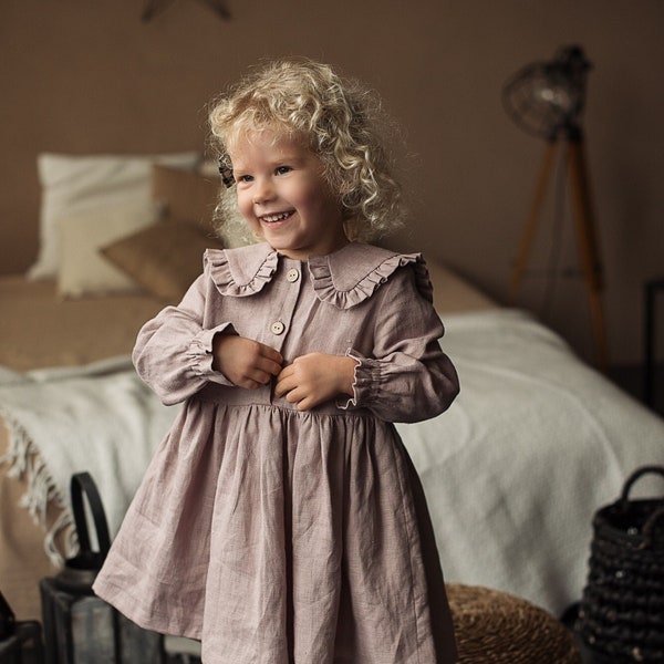 Langarm Leinen Mädchen Kleid, Kleinkind Kleid mit Kragen, Leinen Boho Kleid, Blumenmädchen Kleid, erster Geburtstag Kleid, Baby Kleid