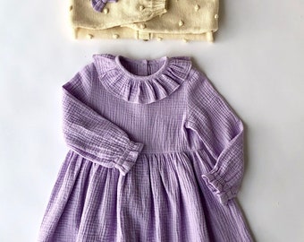 Robe en mousseline à col à volants, Robe en mousseline pour bébé fille, Robe en mousseline pour fille, Robe d'anniversaire pour tout-petit, Robe double gaze, Robe à col à volants