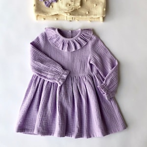 Ruffled Collar Muslin Toddler Dress With Long Sleeves, Casual Baby Girl Dress