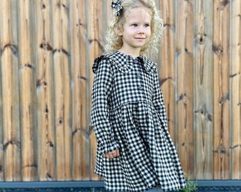 Gingham Linen Girl Dress With Collar, Collared Toddler Girl Dress With Long Sleeves