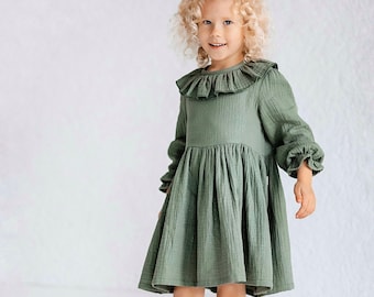 Grünes Musselin Kleinkind-Mädchen Kleid: Rüschen Kragen, Lange Ärmel