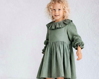 Grünes Rüschenkragen Kleinkind Mädchenkleid, Musselin Baby Kleid mit langen Ärmeln