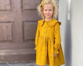 Ochre long sleeves ruffled collar girl dress, embroidered cotton muslin toddler dress, baby girl muslin dress