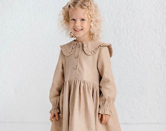 Beige birthday girl dress with frilled collar, Cotton muslin flower girl dress