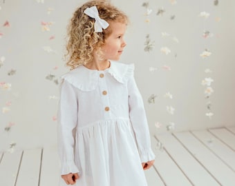 Robe de baptême blanche pour petite fille en lin avec col, robe de baptême pour bébé fille à col vintage