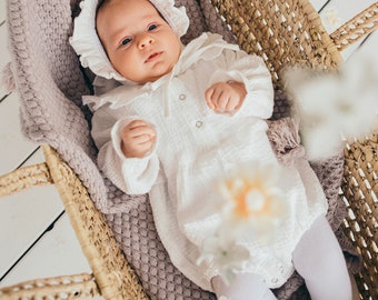 Muslin baby girl christening romper, Boho baby romper with collar and long sleeves