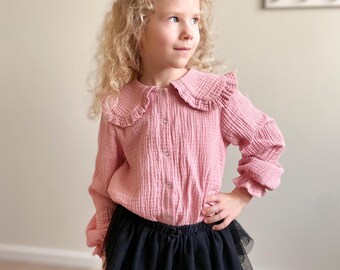 Old rose collared girl shirt, Cotton muslin long sleeves girl blouse with collar