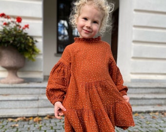 Robe pour tout-petit en mousseline à pois rouille avec manches longues bouffantes et volants dans le cou, robe pour fillette pour une occasion spéciale ou un anniversaire