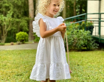 Linen Baptism Or Christening Dress For Girl, White Boho Flower Girl Dress With Wings