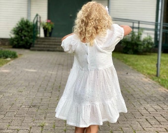White muslin summer girl dress, Simple Boho first birthday dress with short raglan sleeves