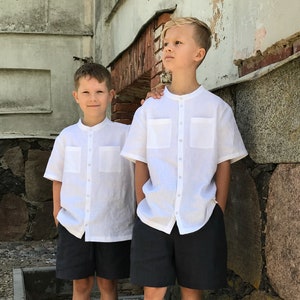White linen boy shirt with mandarin collar, Toddler boy christening shirts with short sleeves image 1