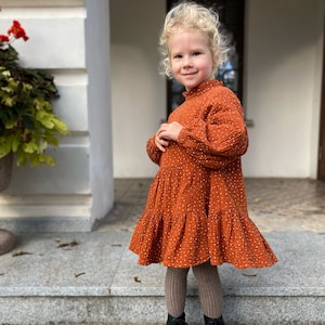 Rust dots muslin toddler dress with long puffed sleeves and neck ruffles, special occasion or birthday girl dress image 2