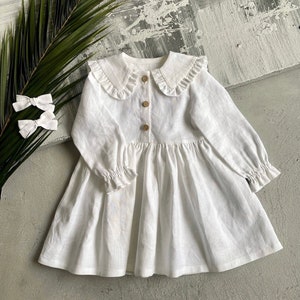 Long Sleeve Linen Christening Dress, Flower Girl Dress, Toddler White Baptism Dress, 1st Birthday Dress, Baby Girl Baptism Gown