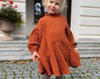 Rust Muslin Toddler Dress: Long Puffed Sleeves, Ruffle Neck
