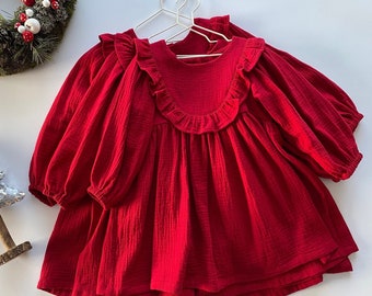 Rote gepuffte lange ärmel Mädchenkleid mit Rüschen, Baumwoll-Musselin Kleinkind Weihnachten Party Kleid