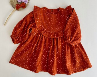 Rust muslin boho girl dress, Puffy sleeves baby and toddler girl birthday dress