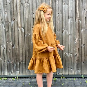 Rust Flower Girl Dress With Neckline Ruffle and Long Puffed Sleeves, Boho Linen Toddler Girl Dress image 6