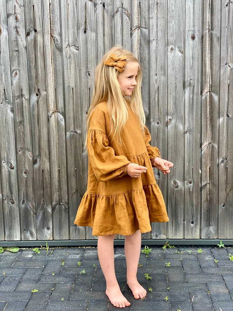 Rust Flower Girl Dress With Neckline Ruffle and Long Puffed Sleeves, Boho Linen Toddler Girl Dress image 6