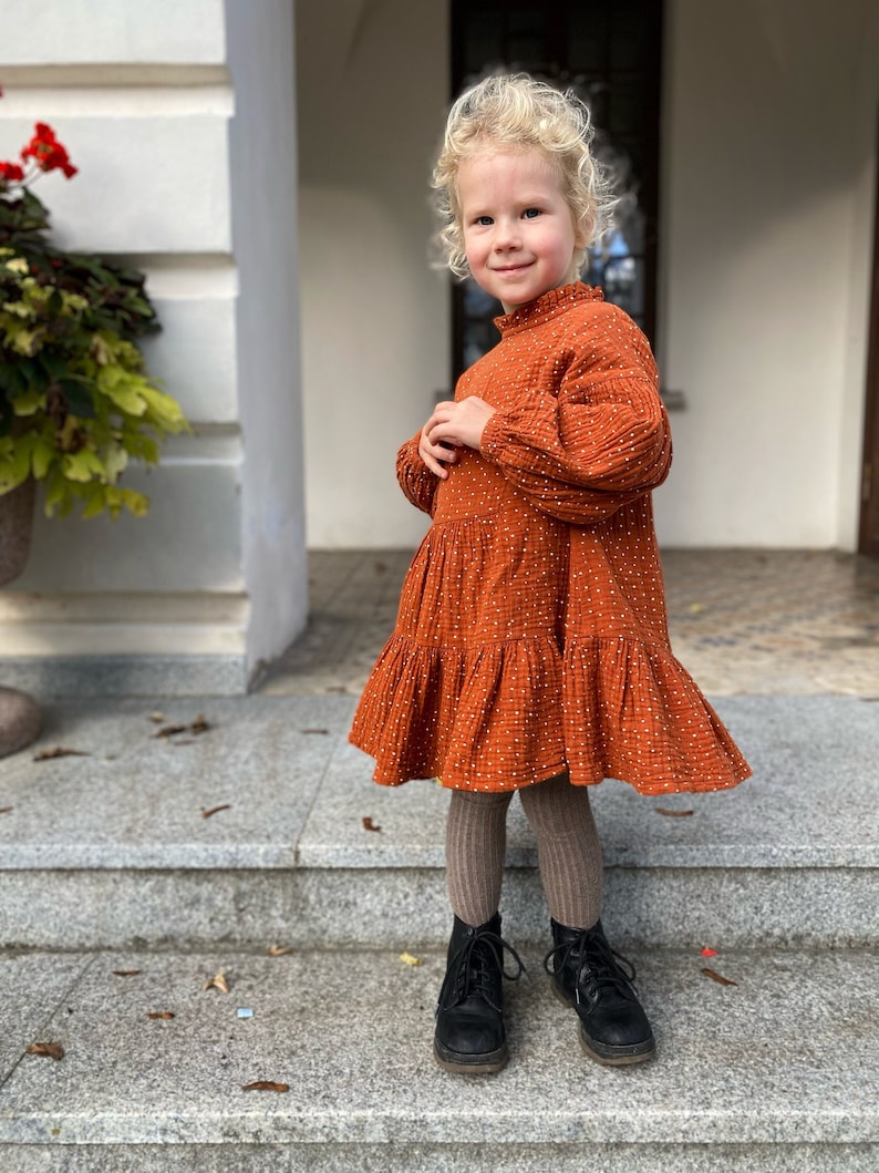 Rust dots muslin toddler dress with long puffed sleeves and neck ruffles, special occasion or birthday girl dress image 2