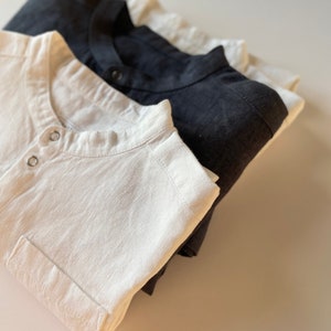 White linen boy shirt with mandarin collar, Toddler boy christening shirts with short sleeves image 5