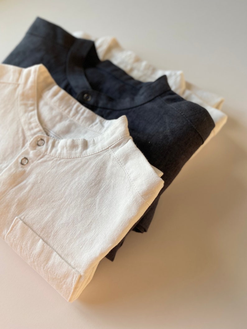 White linen boy shirt with mandarin collar, Toddler boy christening shirts with short sleeves image 5