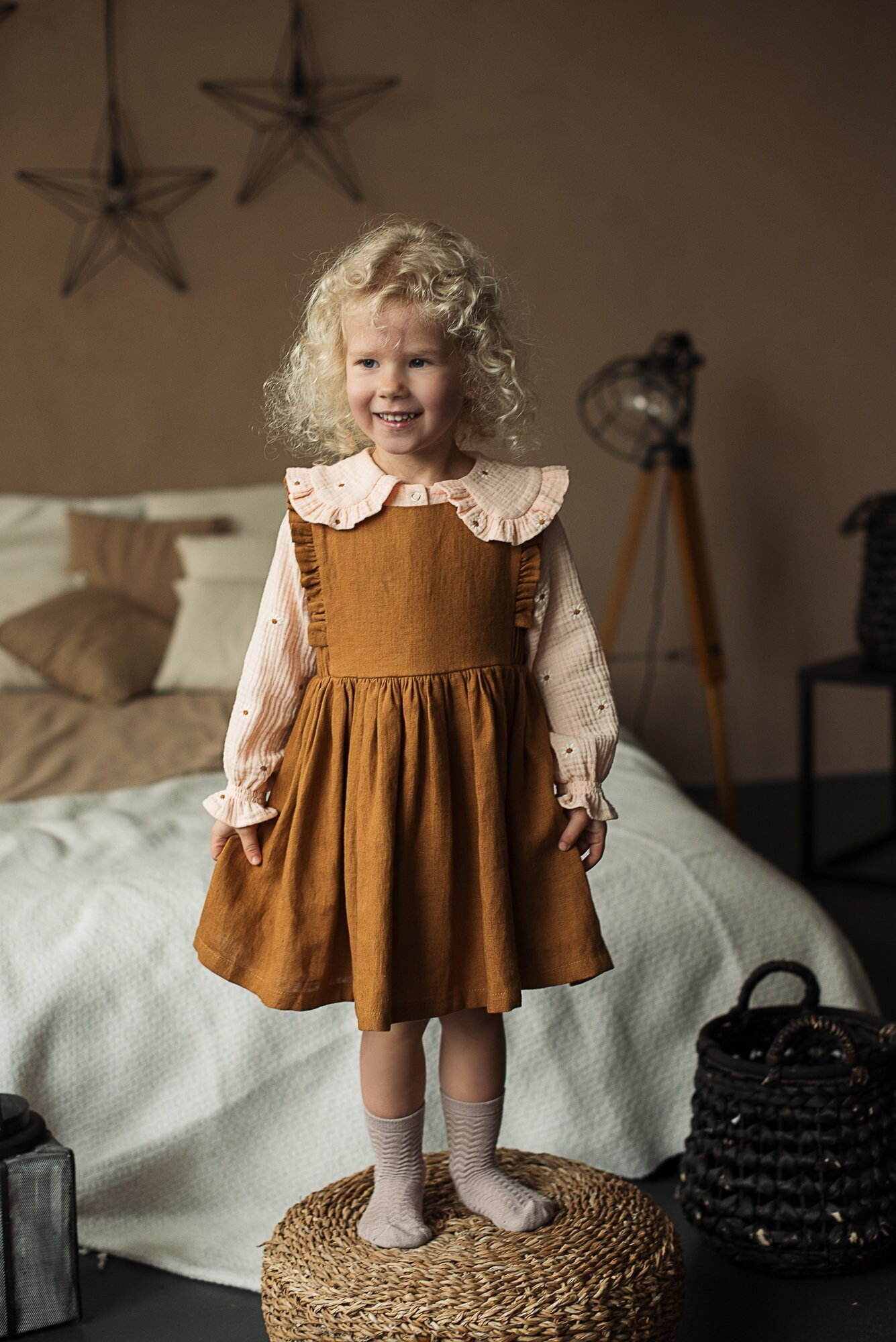 Handmade Linen Toddler Girl Pinafore Dress: Ruffle Detail