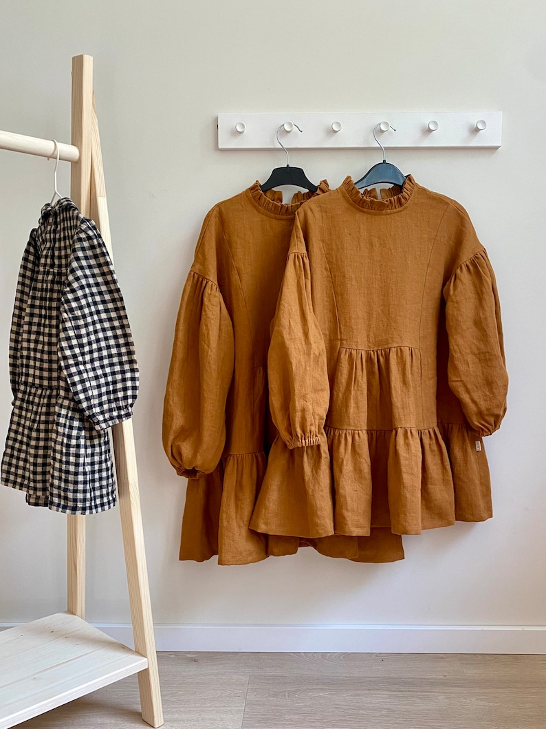 Rust Flower Girl Dress With Neckline Ruffle and Long Puffed Sleeves, Boho Linen Toddler Girl Dress image 3