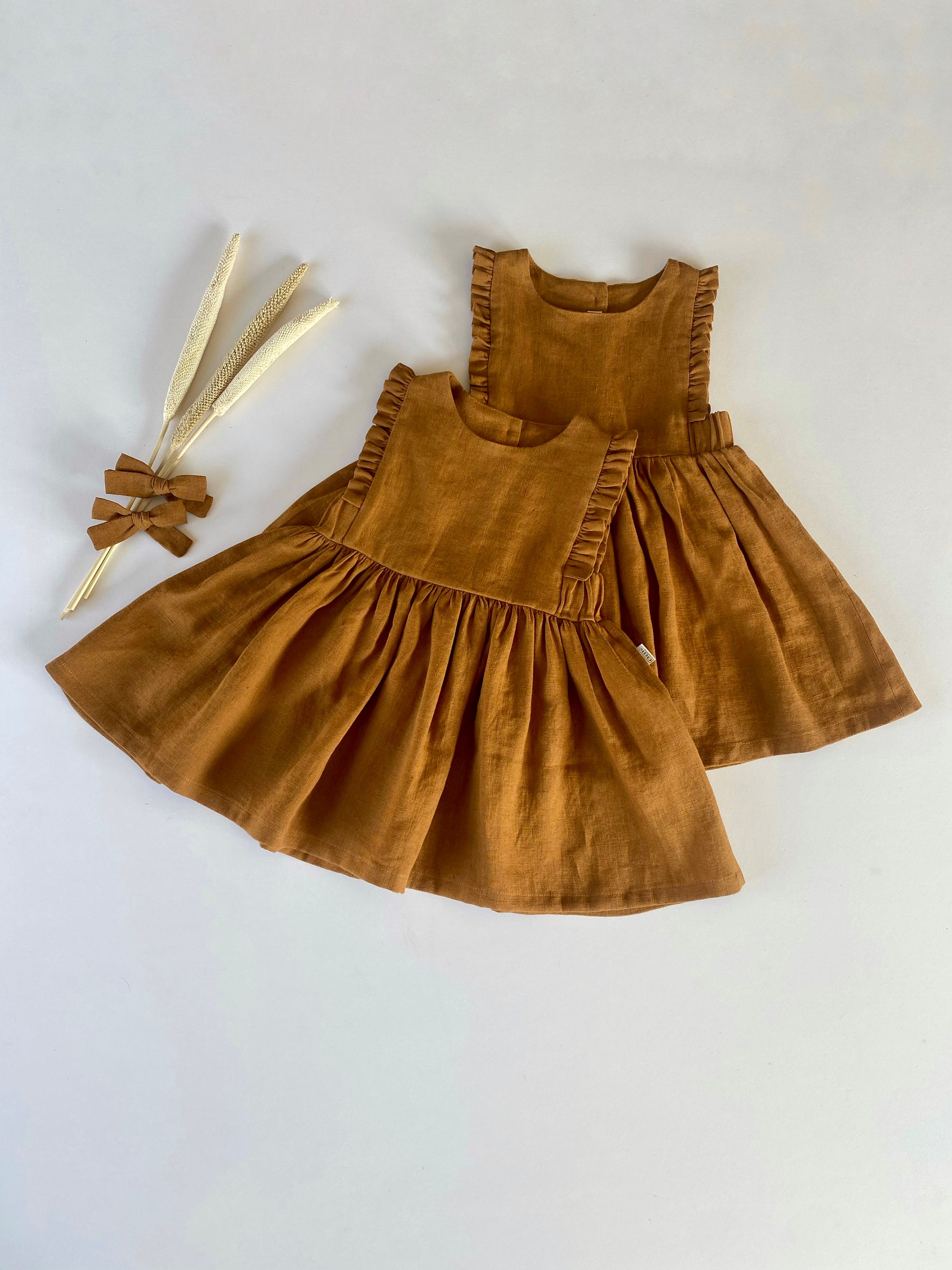 caramel baby & child♡Pinafore dress 4Y Toddler Girl Linen Pinafore Dress, Ruffle Pinafore Girl