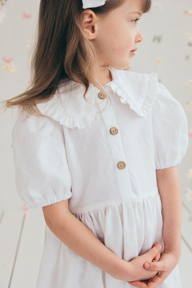 Robe de baptême en lin à manches courtes, robe de demoiselle d'honneur blanche avec col image 8