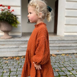 Rust dots muslin toddler dress with long puffed sleeves and neck ruffles, special occasion or birthday girl dress image 3