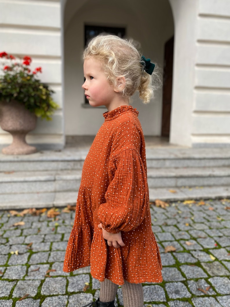 Rust dots muslin toddler dress with long puffed sleeves and neck ruffles, special occasion or birthday girl dress image 3