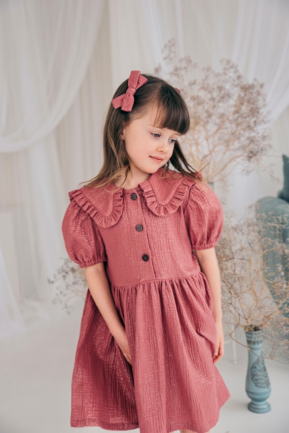 Mauve Glitter Muslin Girl Dress: Ruffle Collar Birthday Party Outfit - Etsy