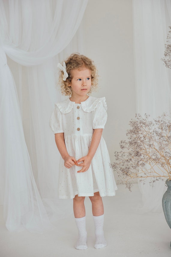 White Girl Christening Dress With Puritan Collar, Cotton Muslin With Gold  Stripes - Etsy Israel