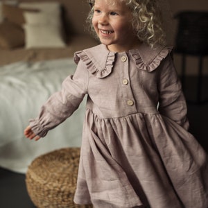 Long Sleeve Linen Girl Dress, Toddler Dress With Collar, Linen Boho Dress, Flower Girl Dress, First Birthday Dress, Baby Dress image 2
