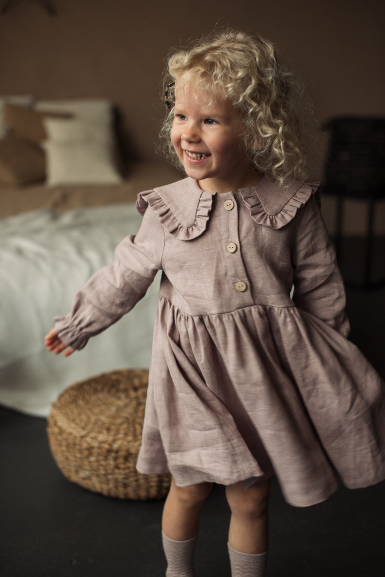 Long Sleeve Linen Girl Dress, Toddler Dress With Collar, Linen Boho Dress, Flower Girl Dress, First Birthday Dress, Baby Dress image 2