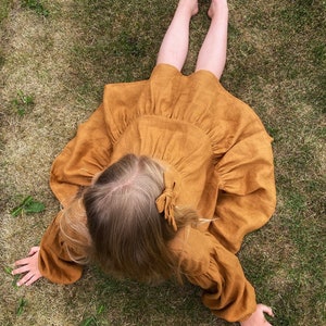 Rust Flower Girl Dress With Neckline Ruffle and Long Puffed Sleeves, Boho Linen Toddler Girl Dress image 4